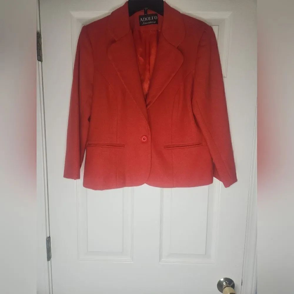 Adolfo International 8P Fire EngineRed 100% WOOL L/slv Lined Women Jacket Blazer